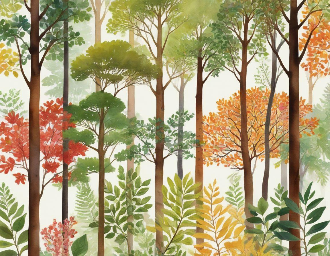 A beautifully illustrated collage of various tree types, showcasing their leaves, bark textures, and flowers in a vibrant forest setting. Include a sunlit background with rays filtering through the canopy, emphasizing sustainability and the diversity of trees. Display labels with their names in elegant font, hinting at dendrology. Nature and sustainability themes should flow harmoniously throughout the image. watercolor, vibrant colors, natural lighting.
